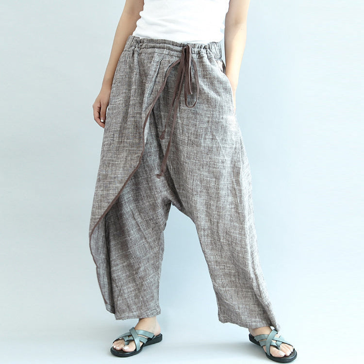 Khaki Linen Pants Oversize Elastic Waist Traveling Pants