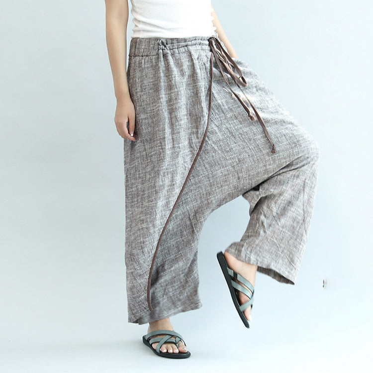 Khaki Linen Pants Oversize Elastic Waist Traveling Pants