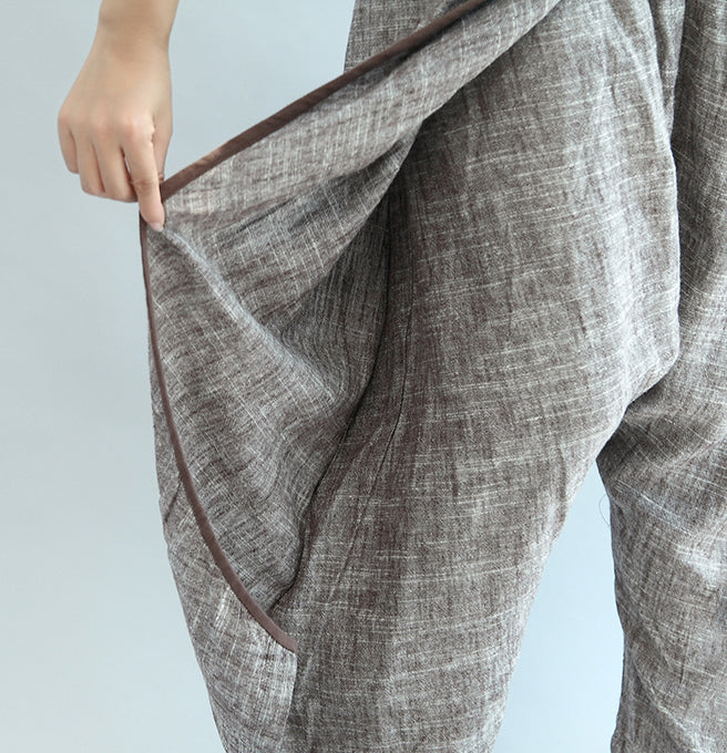 Khaki Linen Pants Oversize Elastic Waist Traveling Pants