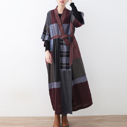 Multi Color Long Linen Dress Loose Fitting Patchwork Linen Gown New Tie Waist Caftans