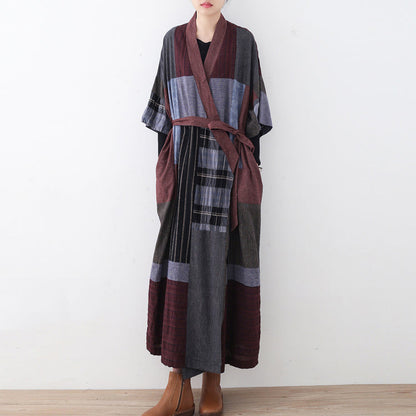 Multi Color Long Linen Dress Loose Fitting Patchwork Linen Gown New Tie Waist Caftans