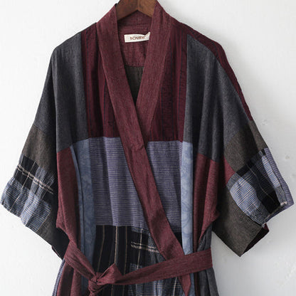 Multi Color Long Linen Dress Loose Fitting Patchwork Linen Gown New Tie Waist Caftans