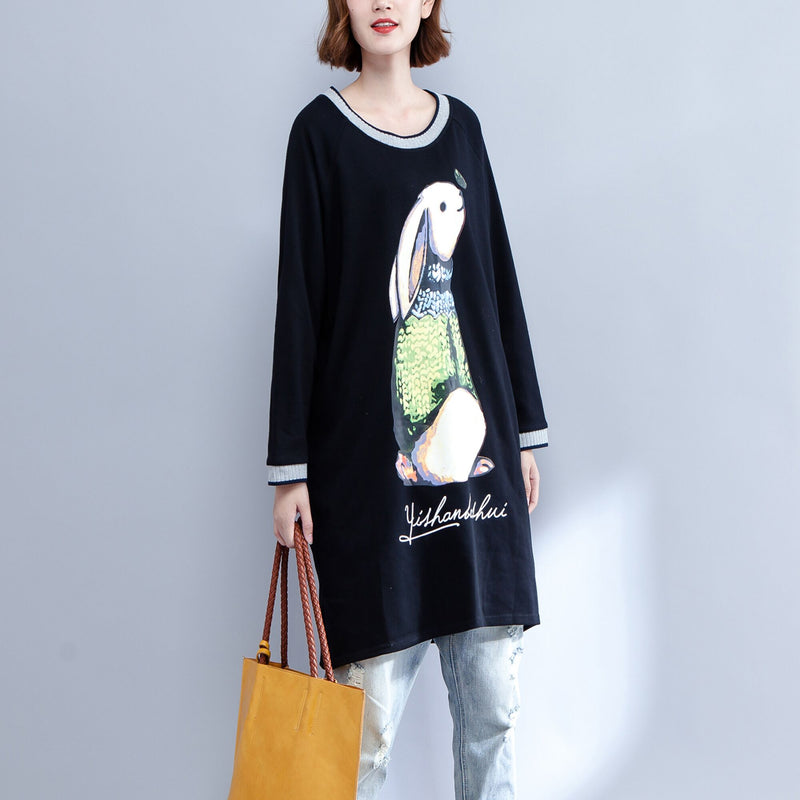 New Black Cotton Dresses Baggy Fit O Neck Dresses Animal Prints