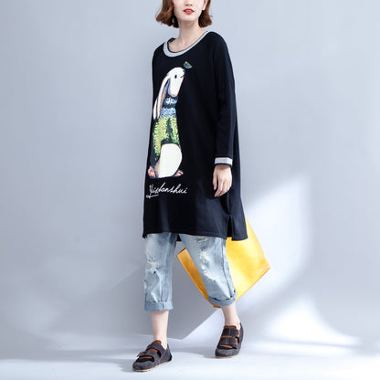 New Black Cotton Dresses Baggy Fit O Neck Dresses Animal Prints
