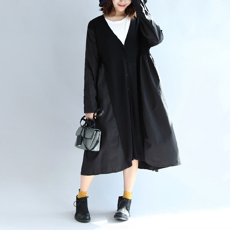 New Black Patchwork Cotton Silk Outwear V Neck Large Hem Cardigans