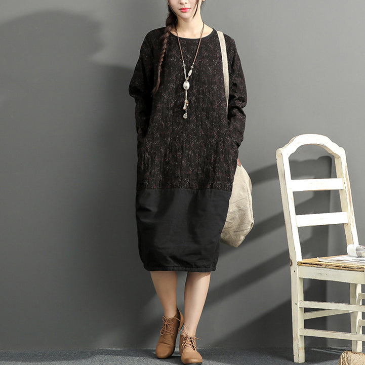 New Black Prints Cotton Dresses Oversize Long Sleeve Thick Warm Dress