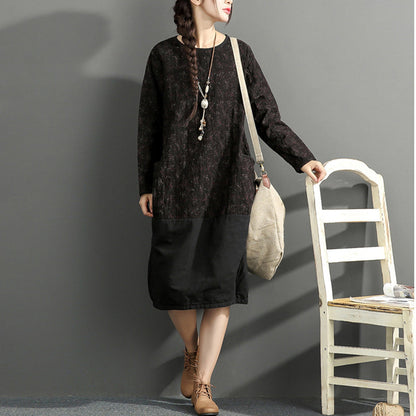 New Black Prints Cotton Dresses Oversize Long Sleeve Thick Warm Dress