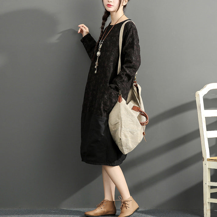 New Black Prints Cotton Dresses Oversize Long Sleeve Thick Warm Dress
