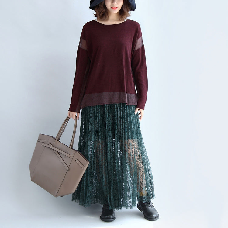 New Burgundy Patchwork Woolen Blended Knit Tops Pullover Sweater Side Open
