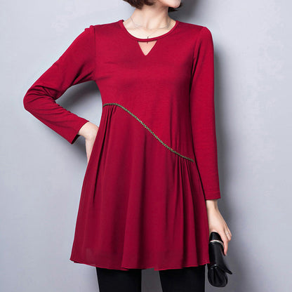New Red Cotton Blended Dresses Loose Fit V Neck Patchwork Chiffon Dress