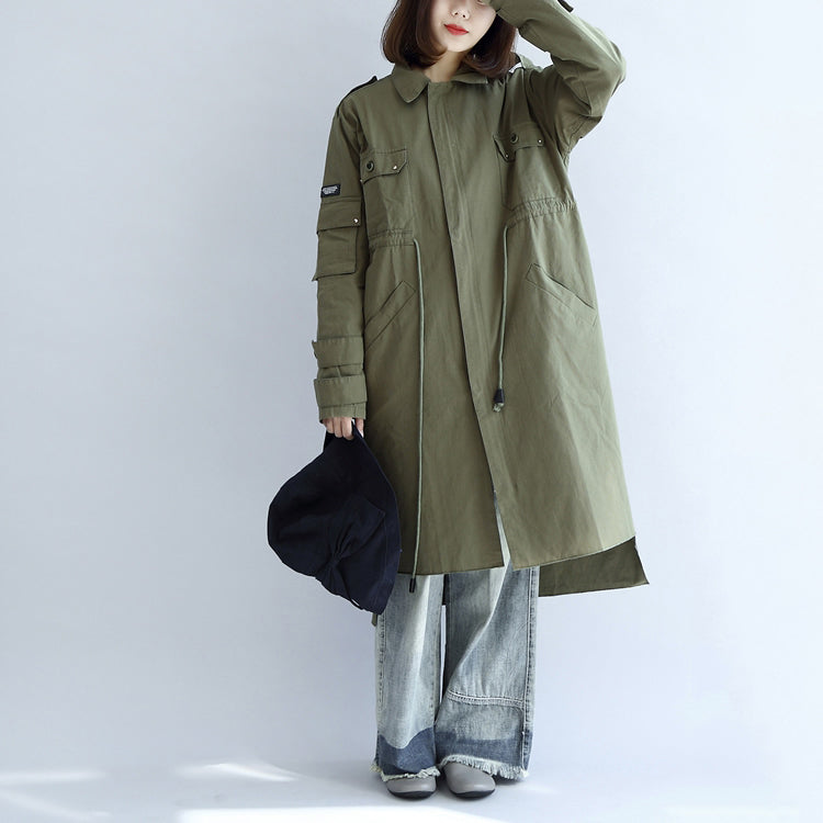 Pockets Green Cotton Parka Tie Waist Long Sleeve Trench Coats