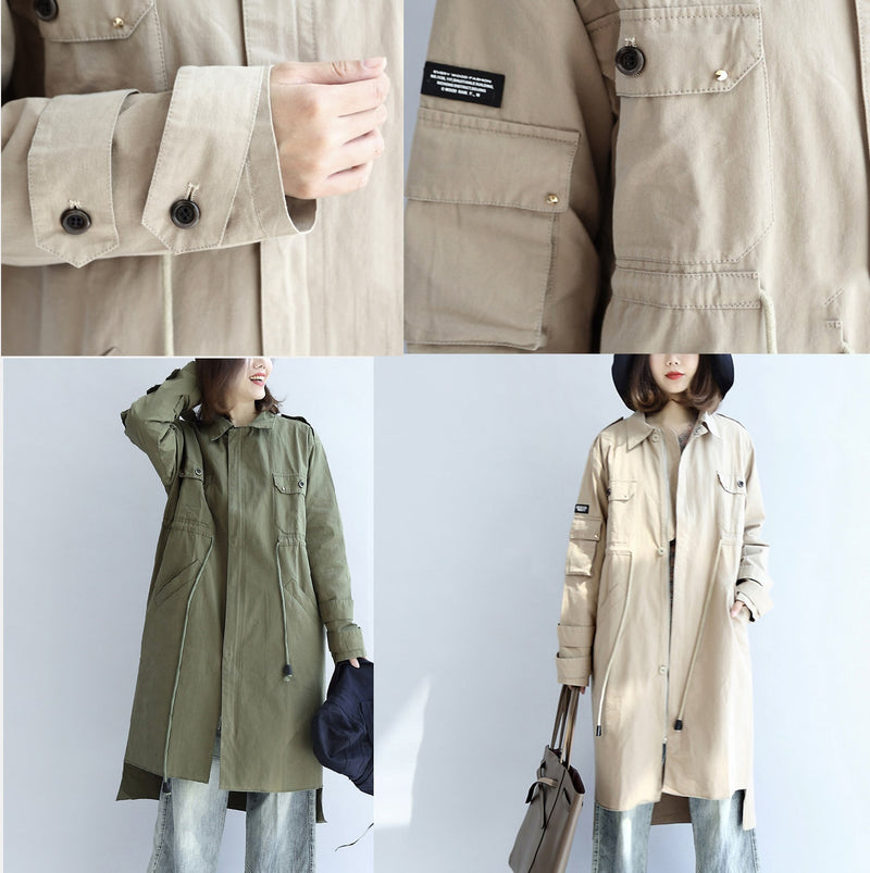 Pockets Green Cotton Parka Tie Waist Long Sleeve Trench Coats