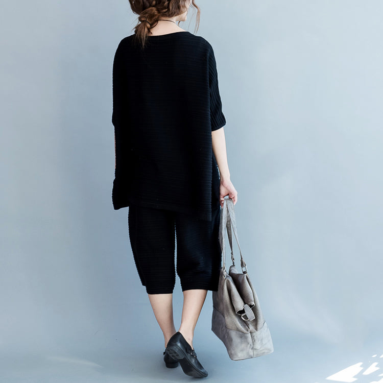 Stylish Black Cotton Thin Sweaters and Wide Leg Pants Knit Two Pieces