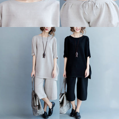 Stylish Black Cotton Thin Sweaters and Wide Leg Pants Knit Two Pieces