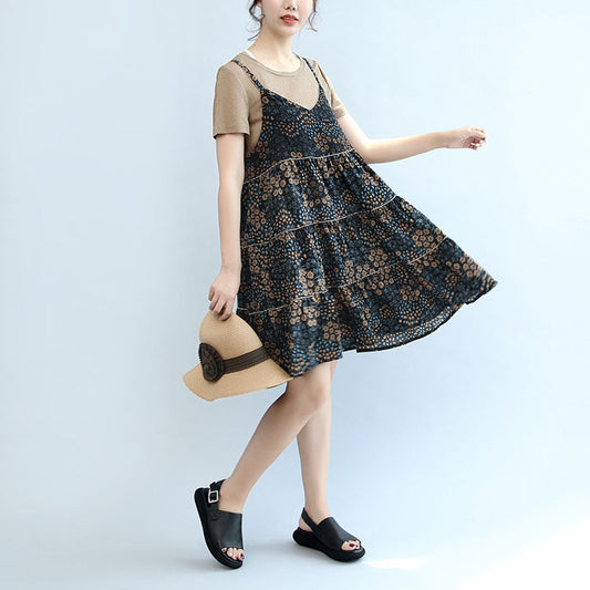 Summer Brown T Shirt and Stylish Sleeveless Linen Dresses Two Pieces