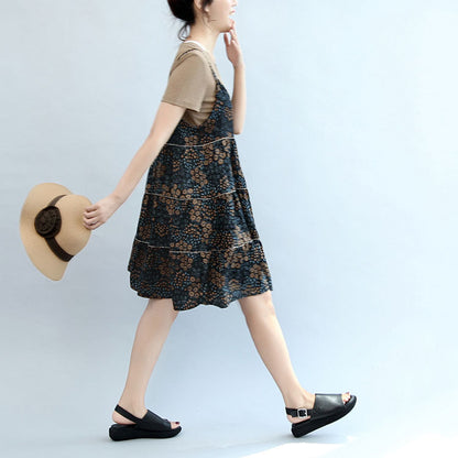 Summer Brown T Shirt and Stylish Sleeveless Linen Dresses Two Pieces