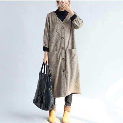Pockets Khaki Cotton Long Cardigans Oversize Long Sleeve Trench Coats