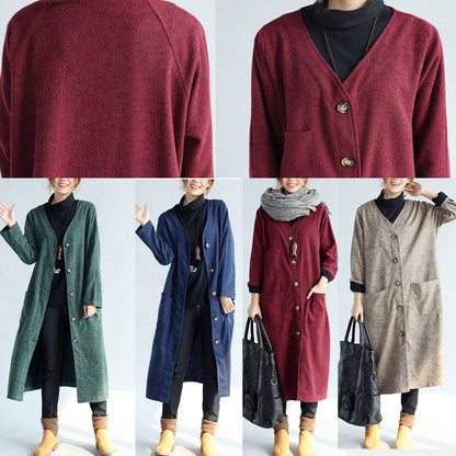 Pockets Khaki Cotton Long Cardigans Oversize Long Sleeve Trench Coats