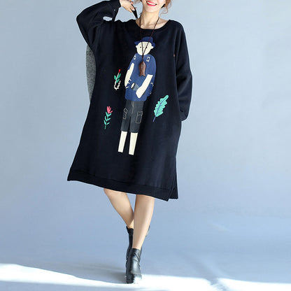 Winter Black Thick Cotton Dresses Prints Long Sleeve Side Open Shift Dress