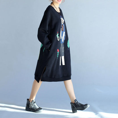 Winter Black Thick Cotton Dresses Prints Long Sleeve Side Open Shift Dress
