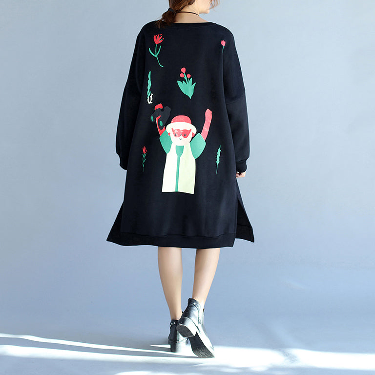 Winter Black Thick Cotton Dresses Prints Long Sleeve Side Open Shift Dress