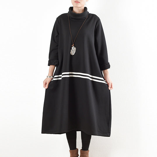 Winter Black Thick Cotton Sweat Dresses Winter Dress Warm Velour Inside