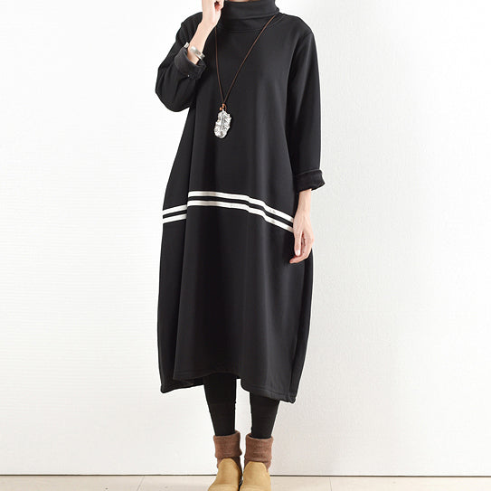 Winter Black Thick Cotton Sweat Dresses Winter Dress Warm Velour Inside