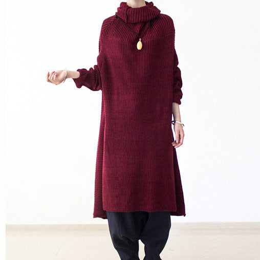 Winter Burgundy Cotton Knit Sweater Dresses Turtle Neck Warm Winter Dress