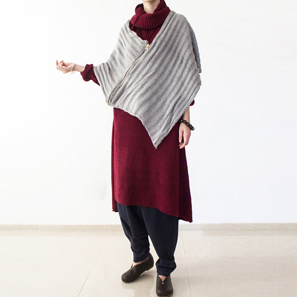 Winter Burgundy Cotton Knit Sweater Dresses Turtle Neck Warm Winter Dress