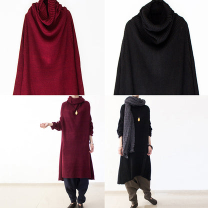 Winter Burgundy Cotton Knit Sweater Dresses Turtle Neck Warm Winter Dress