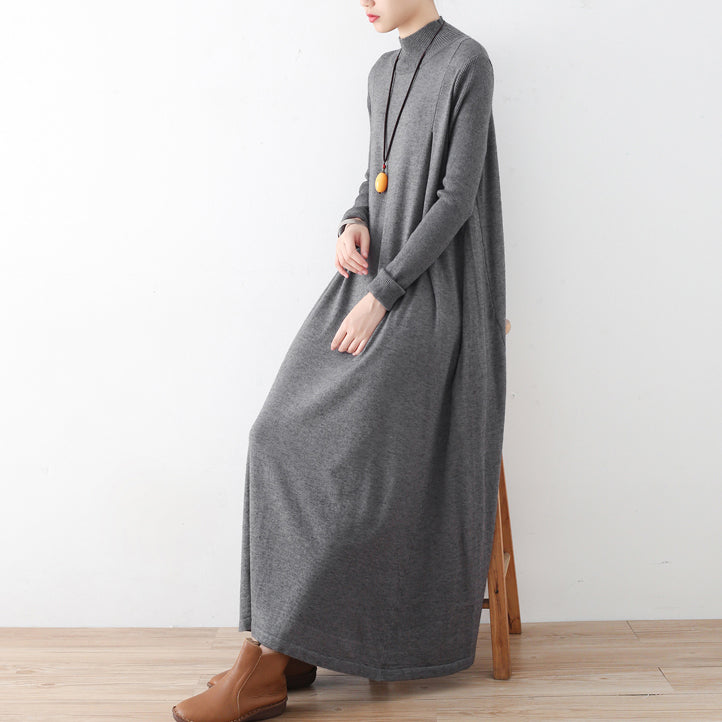 Winter Gray Knit Maxi Dresses Warm Woolen Dresses Caftans Gown