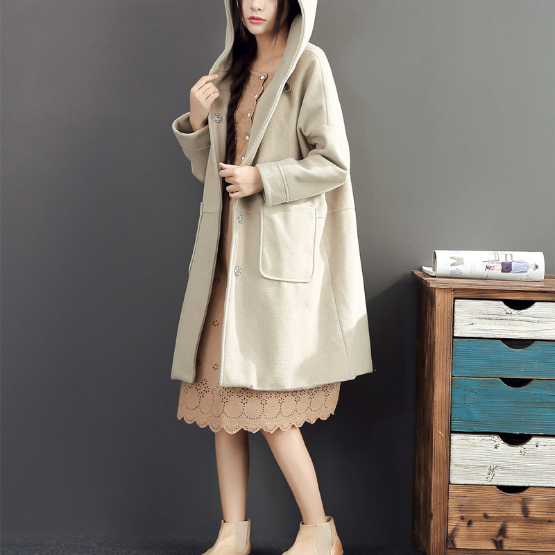 Winter Light Yellow Woolen Coats Hooded Trench Coat