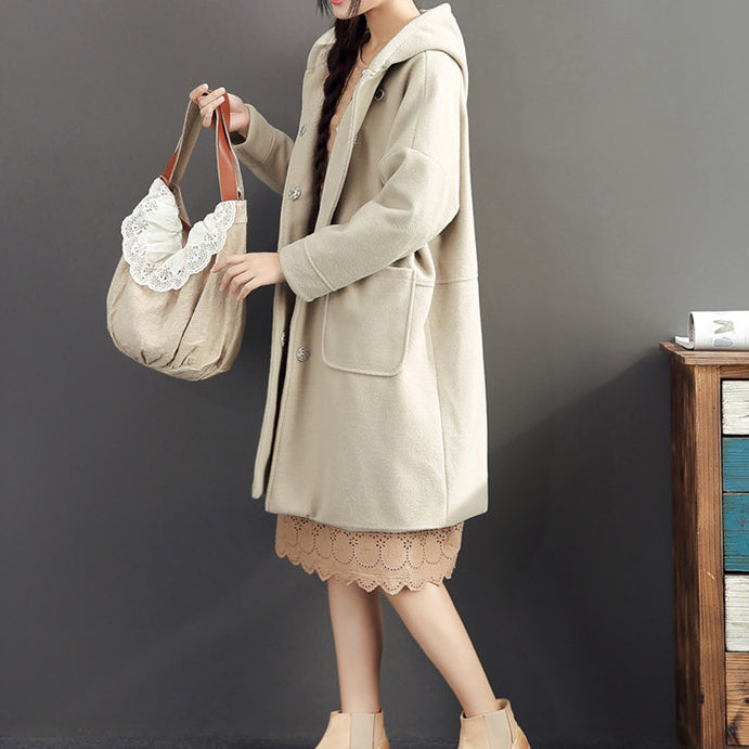 Winter Light Yellow Woolen Coats Hooded Trench Coat