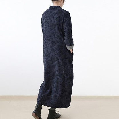 Winter Linen Dresses Warm Velour Inside Jacquard Long Caftans Winter Dresses in Navy
