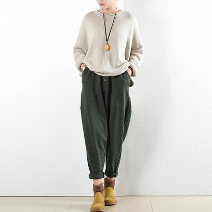 Winter Pants Green Warm Cotton Carrot Pants Oversize Elastic Waist to 104cm