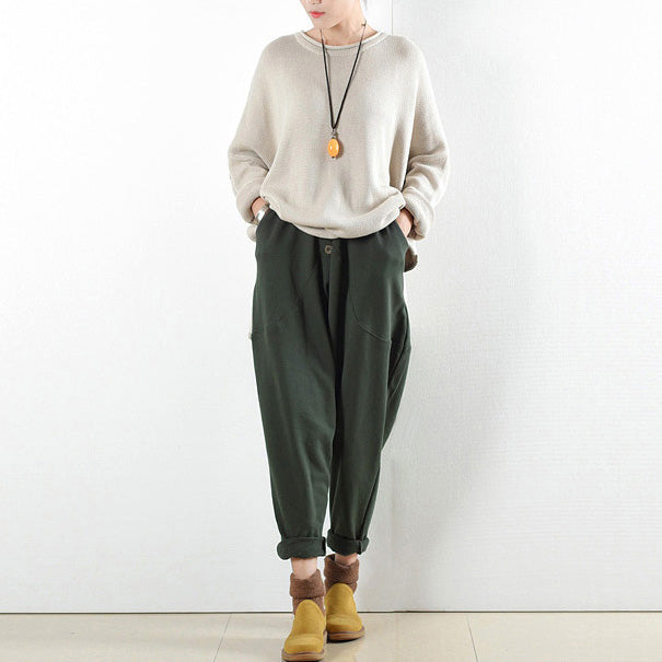Winter Pants Green Warm Cotton Carrot Pants Oversize Elastic Waist to 104cm