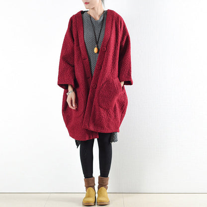 Winter Red Woolen Coats Oversized Woman Winter Outwear Original Design