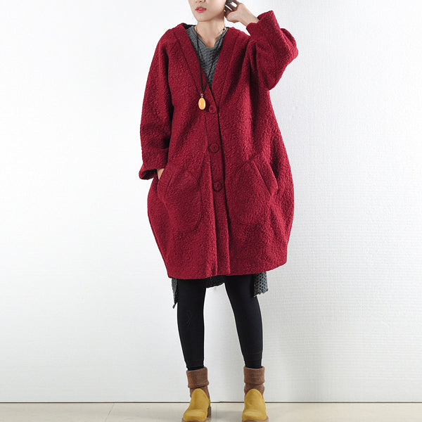 Winter Red Woolen Coats Oversized Woman Winter Outwear Original Design