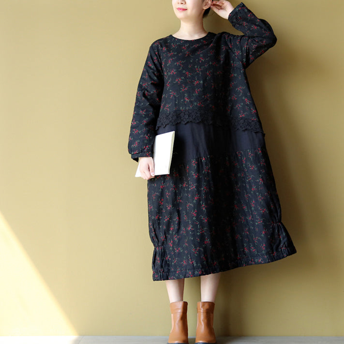 Winter Warm Embroidery Cotton Dresses Oversize Print Patchwork Linen Thick Maxi Dress