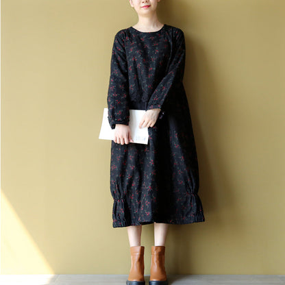 Winter Warm Embroidery Cotton Dresses Oversize Print Patchwork Linen Thick Maxi Dress