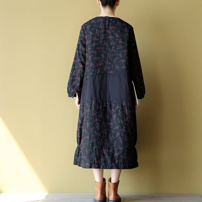 Winter Warm Embroidery Cotton Dresses Oversize Print Patchwork Linen Thick Maxi Dress