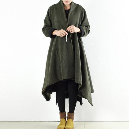 Winter Woolen Coats Green Cross Asymmetrical Cardigans Long One Button Outwear Dress