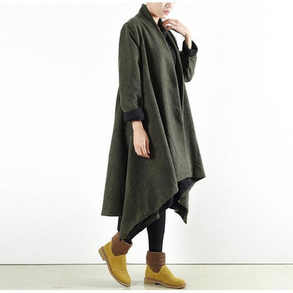 Winter Woolen Coats Green Cross Asymmetrical Cardigans Long One Button Outwear Dress