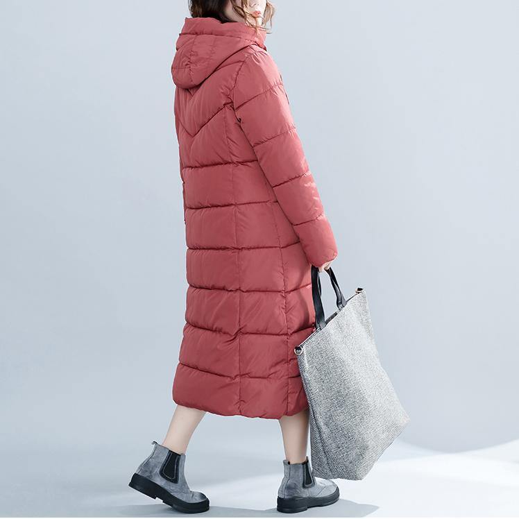 Red Winter Hooded Cotton Jacket Pockets Zippered Trench Cotton Coats