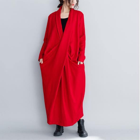 Loose Red and Black Wool Maxi Dresses for