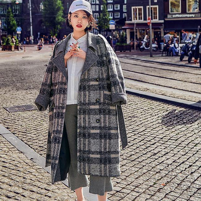 Plaid Coat Loose Fitting Notched Winter Coat Fine Double Breasted Pockets Coats
