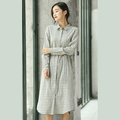 Plaid Fall Linen Dress Baggy Turn-down Collar Linen Dress