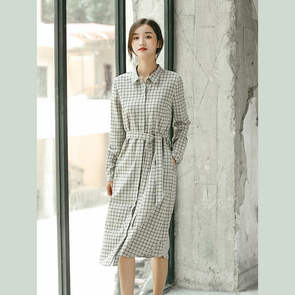 Plaid Fall Linen Dress Baggy Turn-down Collar Linen Dress