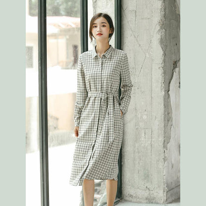 Plaid Fall Linen Dress Baggy Turn-down Collar Linen Dress