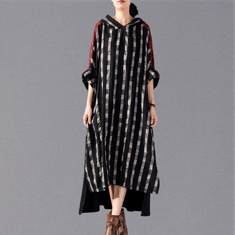 Black Plaid Long Hooded Cotton Linen Clothing Dress New Patchwork Autumn Dress